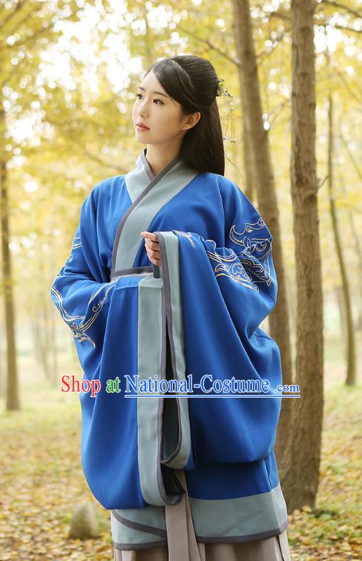 Traditional Chinese Ancient Young Lady Hanfu Costumes Blue Curve Bottom, Asian China Han Dynasty Palace Princess Embroidery Clothing for Women