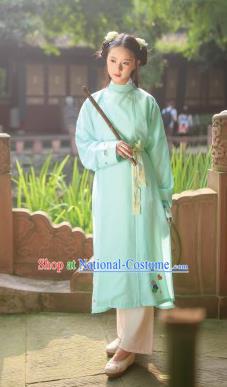 Traditional Chinese Ancient Hanfu Swordswoman Costume, Asian China Ming Dynasty Young Lady Embroidered Green Long Robe for Women