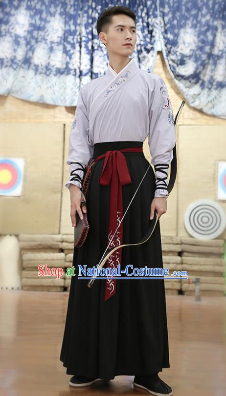 Traditional Chinese Ancient Hanfu Swordsman Costume, Asian China Ming Dynasty Imperial Bodyguard Embroidered Grey Blouse and Skirt for Men