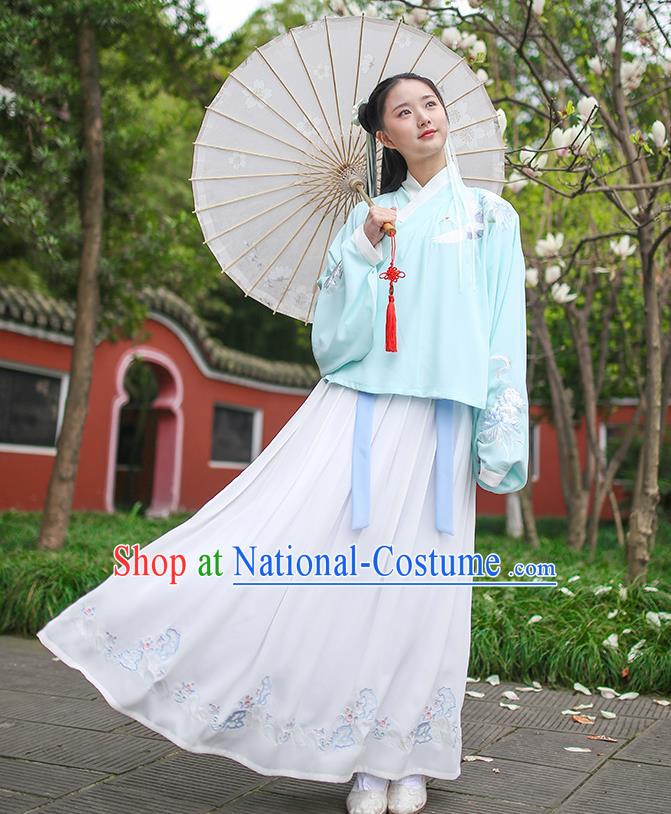 Traditional Chinese Ancient Princess Hanfu Costumes, Asian China Ming Dynasty Palace Lady Embroidery Green Blouse and Skirts for Women