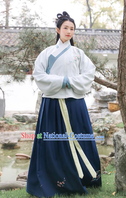 Traditional Chinese Ancient Princess Hanfu Costumes, Asian China Ming Dynasty Palace Lady Embroidery Blouse and Navy Slip Skirts for Women