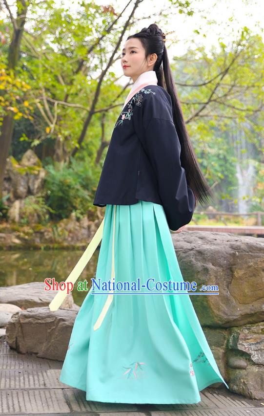 Traditional Chinese Ancient Princess Hanfu Costumes, Asian China Ming Dynasty Palace Lady Embroidery Blouse and Green Slip Skirts for Women