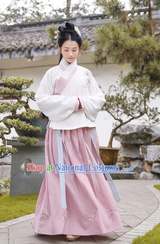 Traditional Chinese Ancient Princess Hanfu Costumes, Asian China Ming Dynasty Palace Lady Embroidery Blouse and Pink Slip Skirts for Women