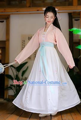 Traditional Chinese Ancient Princess Hanfu Costumes, Asian China Song Dynasty Palace Lady Embroidery Pink Blouse and White Skirts for Women