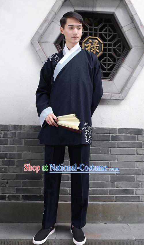 Traditional Chinese Ancient Hanfu Costumes, Asian China Embroidery Black Blouse and Pants for Men