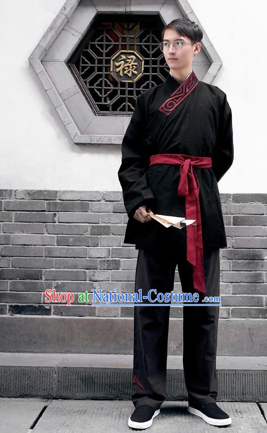 Traditional Chinese Ancient Hanfu Costumes, Asian China Han Dynasty Embroidery Black Blouse and Pants for Men