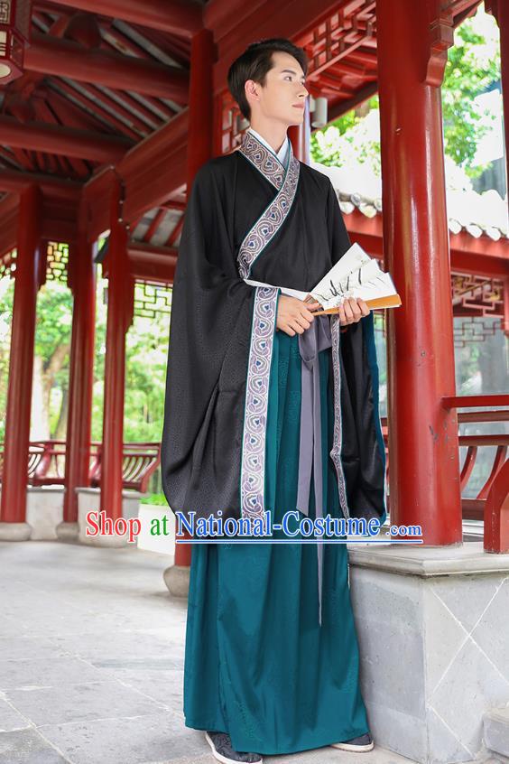 Traditional Chinese Ancient Hanfu Young Men Black Costumes, Asian China Han Dynasty Embroidery Wedding Clothing for Men