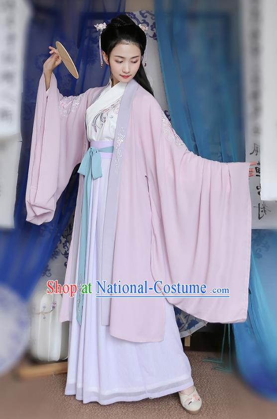 Traditional Chinese Ancient Hanfu Young Lady Costumes, Asian China Jin Dynasty Princess Embroidery Pink Cardigan Cloak Clothing for Women