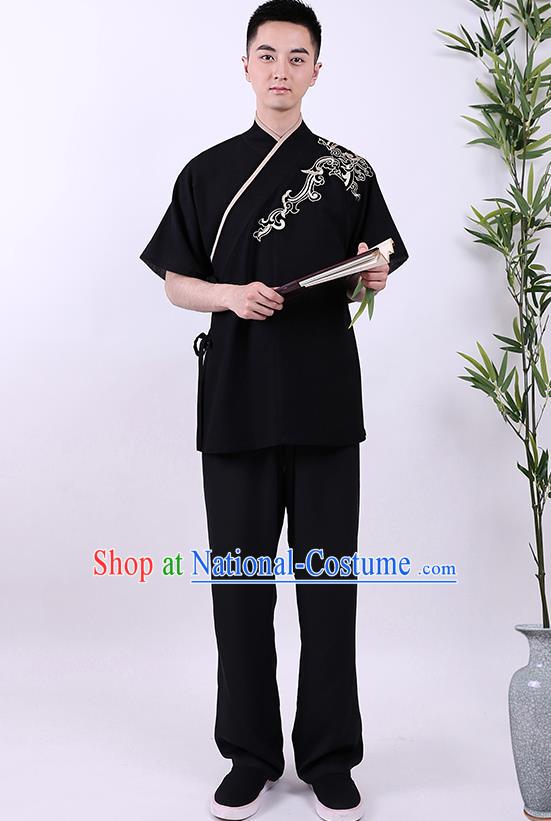 Traditional Chinese Ancient Hanfu Costumes, Asian China Han Dynasty Embroidered Black Shirt for Men