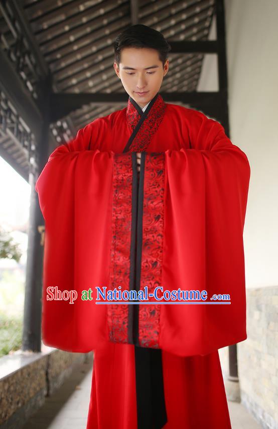 Traditional Chinese Ancient Minister Hanfu Wedding Costumes, Asian China Han Dynasty Groom Embroidered Red Clothing for Men