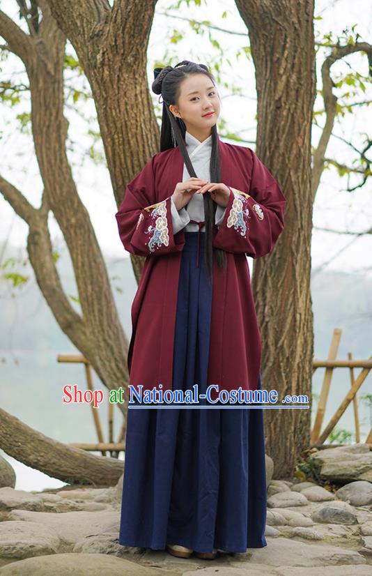 Traditional Chinese Ancient Royal Princess Hanfu Costume Red Curve Bottom, Asian China Han Dynasty Palace Lady Embroidered Dress for Women