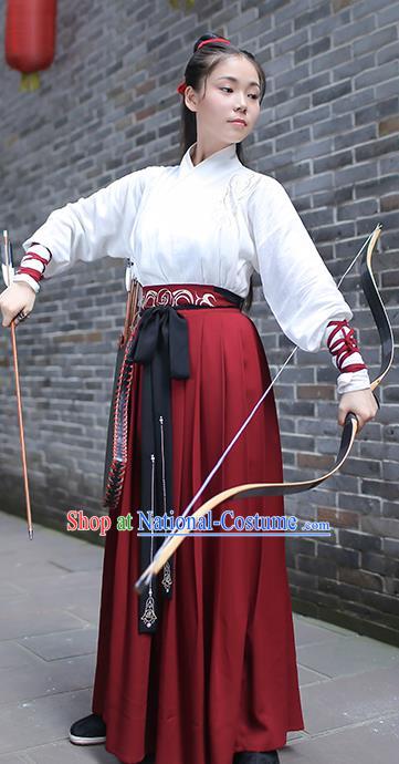 Traditional Chinese Ancient Swordswoman Hanfu Costume, Asian China Han Dynasty Embroidered Blouse and Skirts for Women