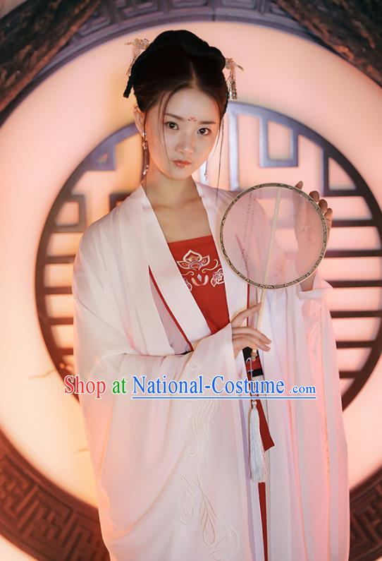 Traditional Chinese Ancient Royal Princess Hanfu Costume, Asian China Tang Dynasty Palace Lady Embroidered Wide Sleeve White Cloak for Women