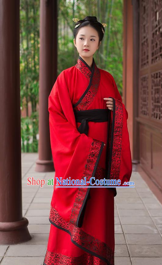 Traditional Chinese Ancient Royal Princess Hanfu Wedding Costume, Asian China Han Dynasty Palace Lady Embroidered Red Curve Bottom Dress