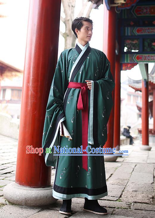 Traditional Chinese Ancient Hanfu Swordsman Costume, Asian China Han Dynasty Imperial Bodyguard Embroidered Green Long Robe for Men