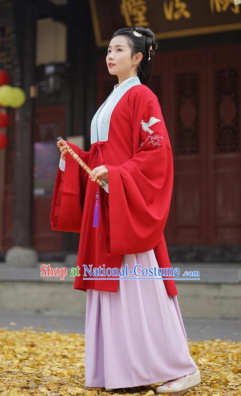 Traditional Chinese Ancient Hanfu Princess Costume, Asian China Han Dynasty Palace Lady Embroidered Crane Red Cloak for Women