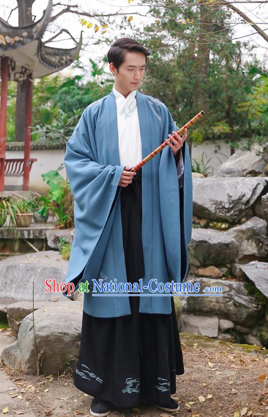 Traditional Chinese Ancient Hanfu Swordsman Costume, Asian China Han Dynasty Imperial Bodyguard Embroidered Blue Cloak for Men