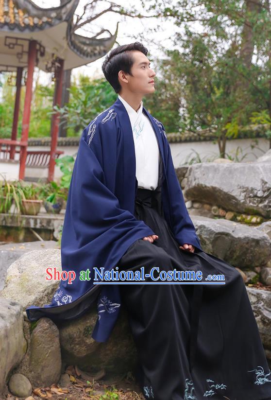 Traditional Chinese Ancient Hanfu Swordsman Costume, Asian China Han Dynasty Imperial Bodyguard Embroidered Royalblue Cloak for Men