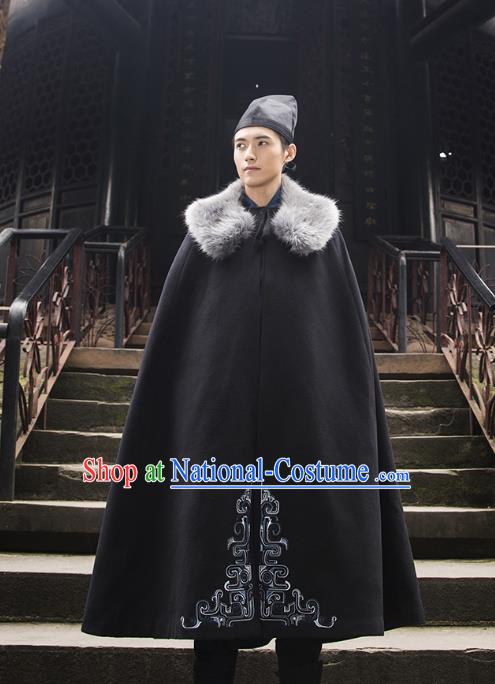 Traditional Chinese Ancient Hanfu Swordsman Costume Hooded Mantle, Asian China Han Dynasty Imperial Bodyguard Embroidered Black Cloak for Men