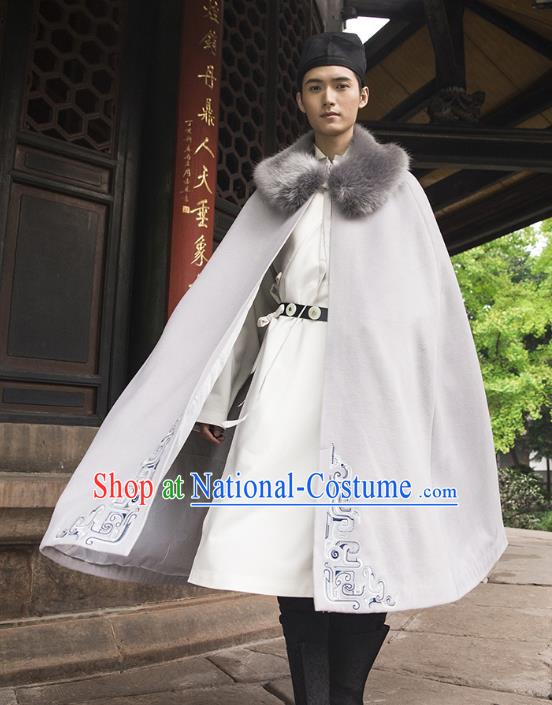 Traditional Chinese Ancient Hanfu Swordsman Costume Hooded Mantle, Asian China Han Dynasty Imperial Bodyguard Embroidered Grey Cloak for Men