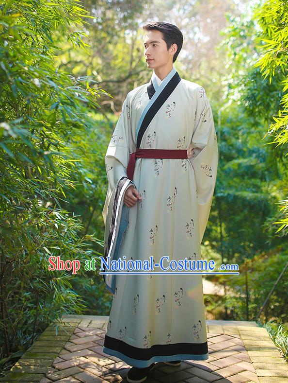 Traditional Chinese Ancient Hanfu Swordsman Costume, Asian China Han Dynasty Imperial Bodyguard Embroidered White Long Robe for Men