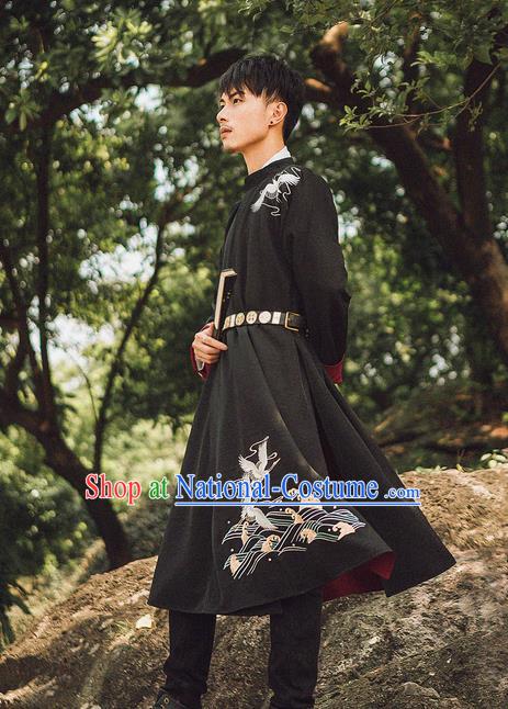 Traditional Chinese Ancient Hanfu Costume Black Robe, Asian China Han Dynasty Embroidered Clothing for Men