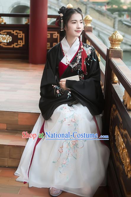 Traditional Chinese Ancient Hanfu Costume Palace Lady Clothing, Asian China Ming Dynasty Embroidered Black Blouse and Skirts for Women