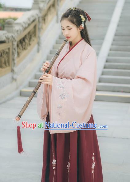 Traditional Chinese Ancient Hanfu Costume Palace Lady Clothing, Asian China Ming Dynasty Embroidered Pink Blouse for Women