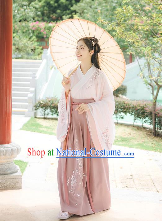 Traditional Chinese Ancient Hanfu Costume Palace Lady Clothing, Asian China Jin Dynasty Embroidered Pink Blouse and Pink Skirts for Women