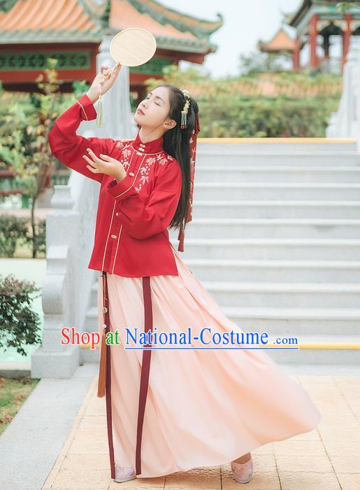 Traditional Chinese Ancient Hanfu Costume Palace Lady Clothing, Asian China Ming Dynasty Embroidered Red Blouse and White Skirts for Women