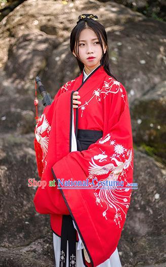 Traditional Chinese Ancient Hanfu Costume Palace Lady Clothing, Asian China Han Dynasty Embroidered Red Curve Bottom for Women