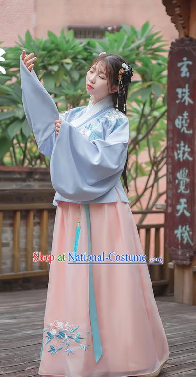 Traditional Chinese Ancient Hanfu Costume Palace Lady Dress, Asian China Ming Dynasty Embroidered Blue Blouse and Skirt Clothing for Women