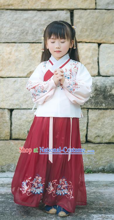 Traditional Chinese Ancient Hanfu Costume Palace Lady Dress, Asian China Ming Dynasty Embroidered White Blouse and Red Skirt Clothing for Kids