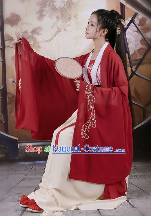 Traditional Chinese Ancient Hanfu Princess Costume Dark Red Embroidered Cloak, Asian China Jin Dynasty Palace Lady Cardigan Clothing for Women