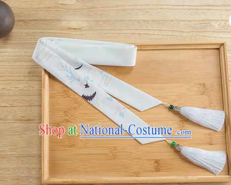 Traditional Chinese Ancient Hanfu Hair Accessories, Asian China Han Dynasty Princess Hair Clasp Printing Crane Silk Tassel Headband