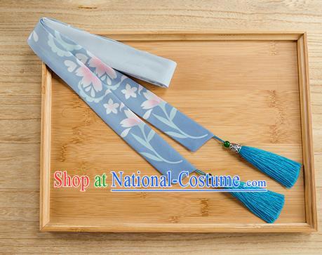 Traditional Chinese Ancient Hanfu Hair Accessories, Asian China Han Dynasty Princess Hair Clasp Printing Blue Silk Tassel Headband