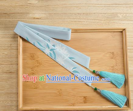 Traditional Chinese Ancient Hanfu Hair Accessories, Asian China Han Dynasty Princess Hair Clasp Printing Blue Tassel Silk Headband