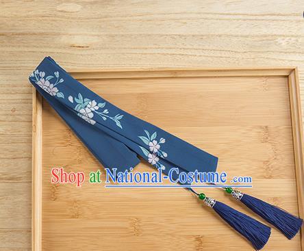 Traditional Chinese Ancient Hanfu Hair Accessories, Asian China Han Dynasty Princess Hair Clasp Printing Blue Tassel Silk Headband