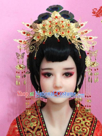 Traditional Handmade Chinese Hair Accessories Palace Lady Tassel Golden Phoenix Coronet Complete Set, Xiuhe Suit Step Shake Hairpins for Women