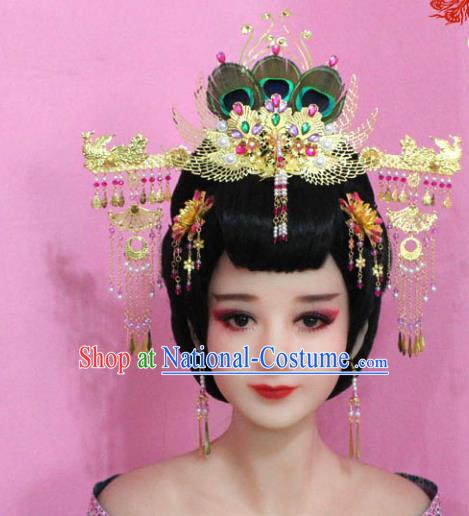 Traditional Handmade Chinese Hair Accessories Palace Lady Tassel Phoenix Coronet Complete Set, Xiuhe Suit Princess Step Shake Hairpins for Women