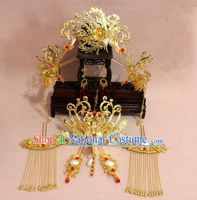 Traditional Handmade Chinese Ancient Classical Hair Accessories Bride Wedding Barrettes Empress Phoenix Coronet Hairpins