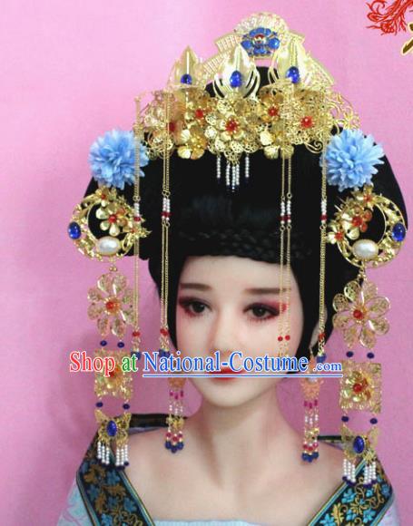 Traditional Handmade Chinese Hair Accessories Palace Lady Empress Phoenix Coronet, Xiuhe Suit Tassel Step Shake Flowers Hairpins for Women