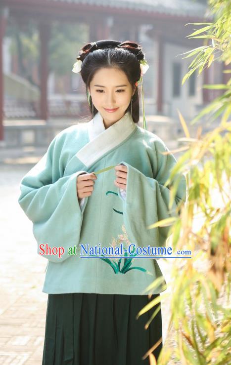 Traditional Chinese Ancient Hanfu Princess Costume Upper Outer Garment, Asian China Ming Dynasty Young Lady Embroidered Orchid Green Blouse for Women