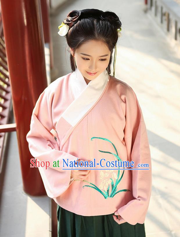 Traditional Chinese Ancient Hanfu Princess Costume Upper Outer Garment, Asian China Ming Dynasty Young Lady Embroidered Orchid Pink Blouse for Women