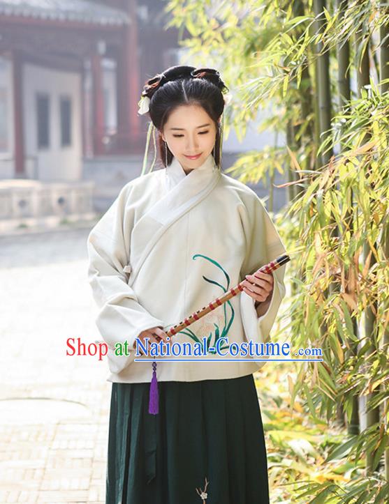 Traditional Chinese Ancient Hanfu Princess Costume Upper Outer Garment, Asian China Ming Dynasty Young Lady Embroidered Orchid White Blouse for Women