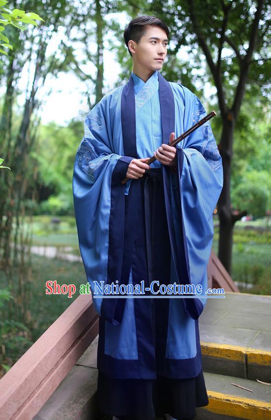 Traditional Chinese Ancient Imperial Bodyguard Costume, Asian China Han Dynasty Swordsman Blue Embroidered Cloak for Men