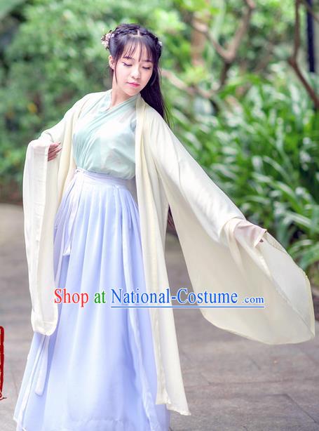 Traditional Chinese Ancient Palace Lady Costume, Asian China Tang Dynasty Princess Embroidered Wide Sleeve White Cardigan for Women