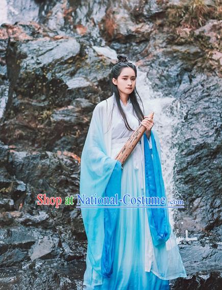 Traditional Chinese Ancient Palace Lady Costume, Asian China Jin Dynasty Princess Blue Dress for Women