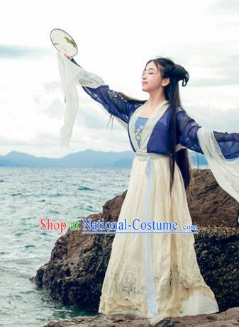 Traditional Chinese Ancient Palace Lady Costume, Asian China Song Dynasty Princess Embroidered Blue Blouse and Skirts for Women