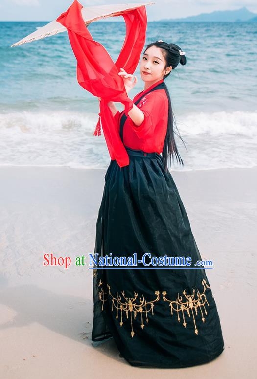 Traditional Chinese Ancient Palace Lady Costume, Asian China Song Dynasty Princess Embroidered Red Blouse and Black Skirts for Women